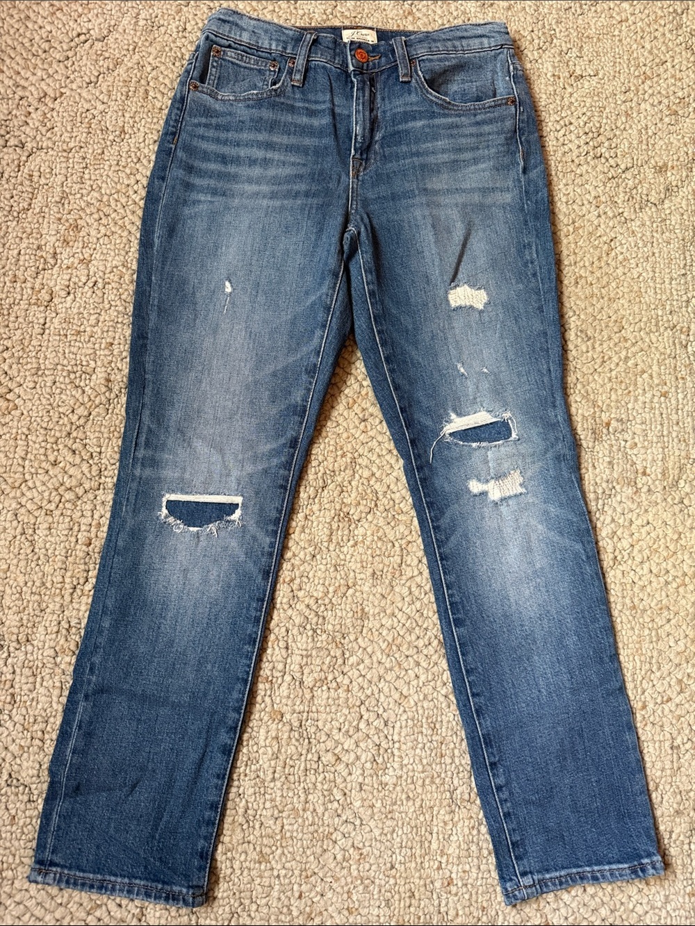 J. Crew Distressed Straight Leg Jeans in Medium Blue